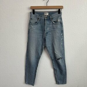 AGOLDE High-Rise Button Fly Knee-Rip Distressed Skinny Denim Jeans Light Wash 25